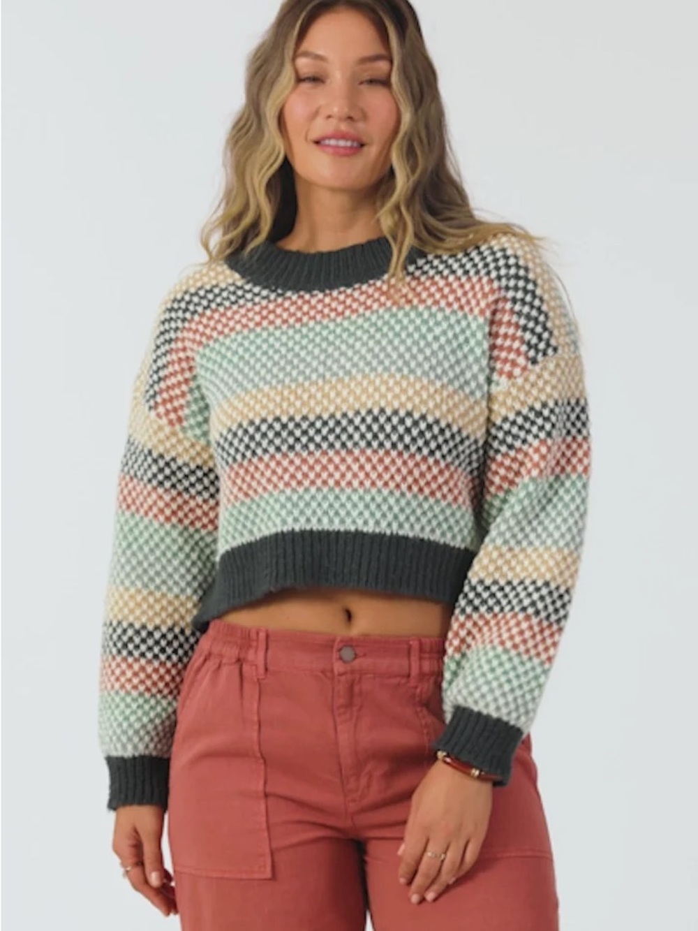 O'Neill Striped Textured Cropped Crew Sweater in Mint, Blush, Cream & Charcoal